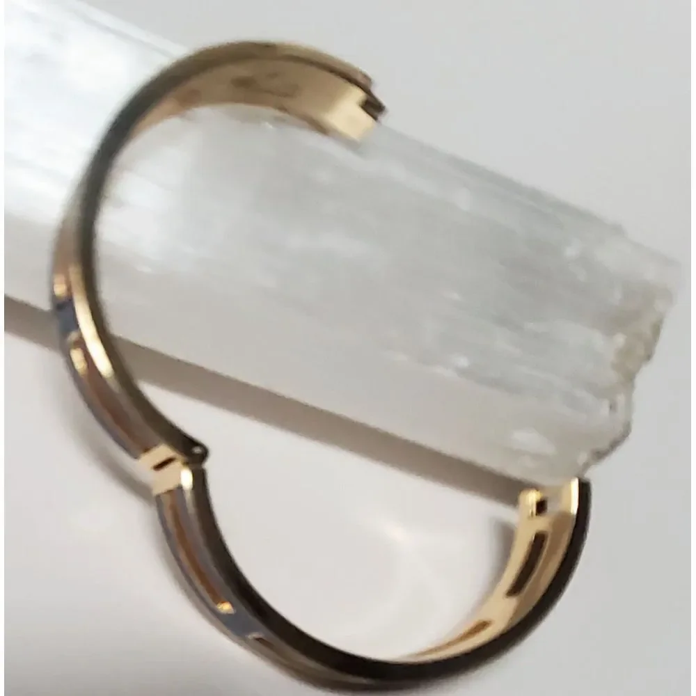 J. Crew Bracelet Hinged with Lock Navy Blue Enamel Gold Pierced Panels Bordered - Picture 11 of 12